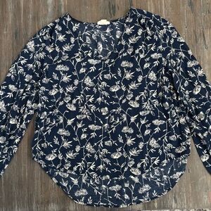 a.n.a Blue Long Sleeve Blouse with Rounded Neckline